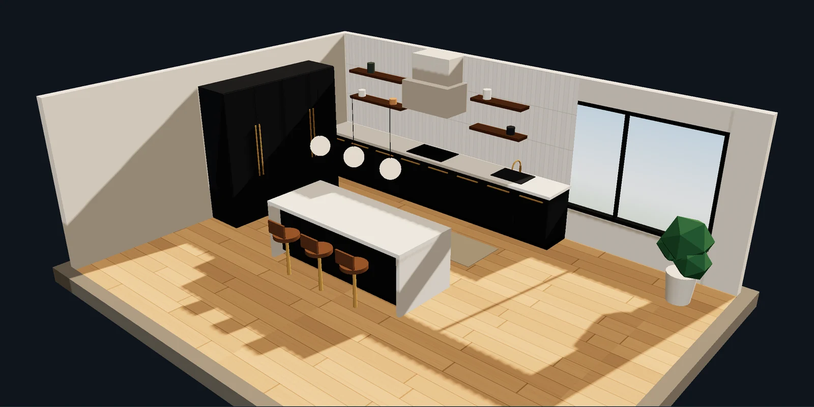 Renovated kitchen with black flat-panel cabinets, quartz waterfall island and white oak floor