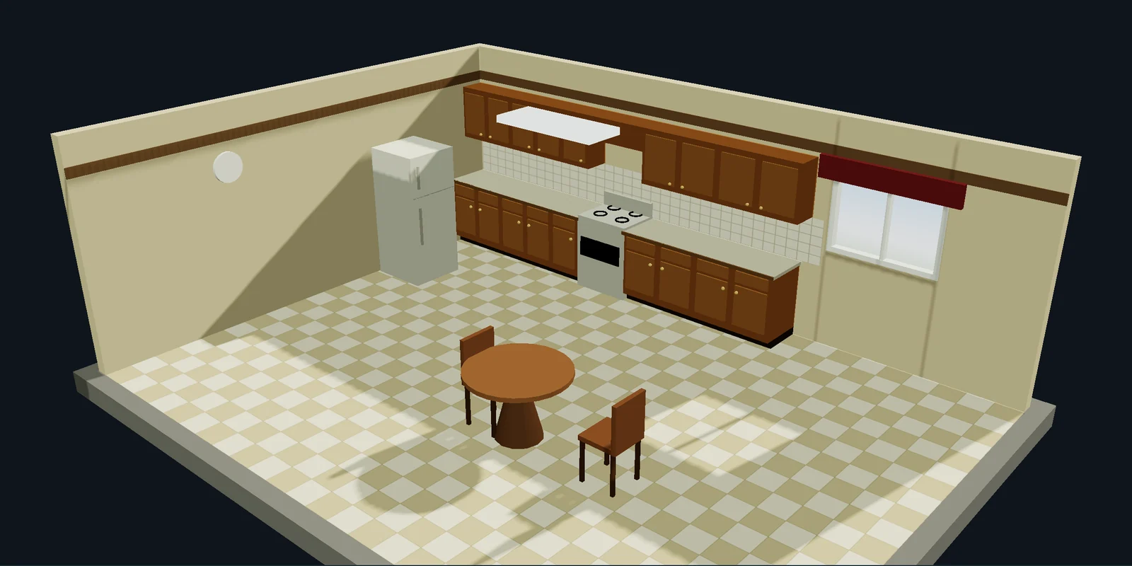 Dated 1990s kitchen with oak cabinets, laminate counters and checkered vinyl floor